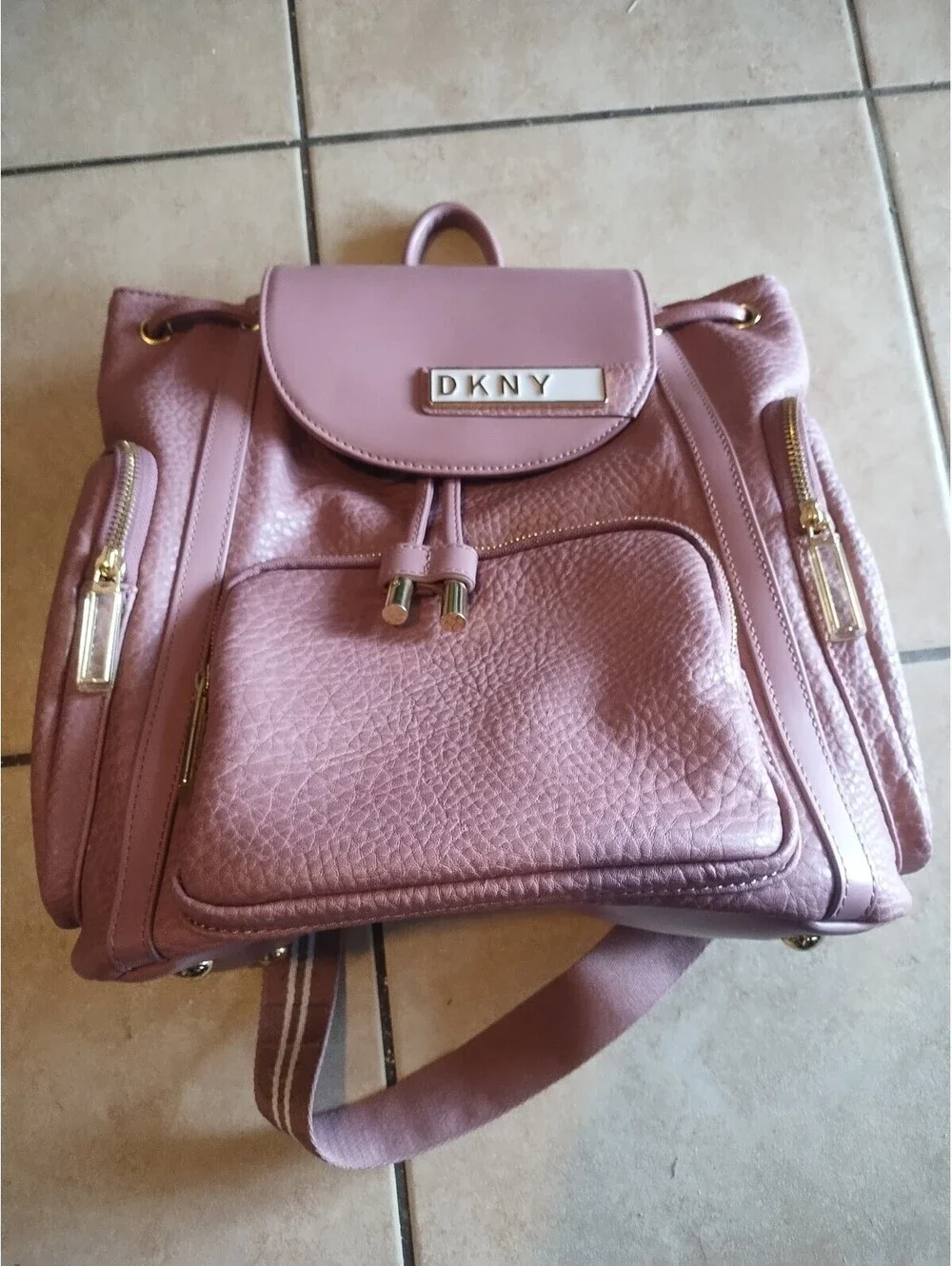 DKNY Pink Backpack Gold Hardware Drawstring Zip Women's Medium Outer‎ Pockets